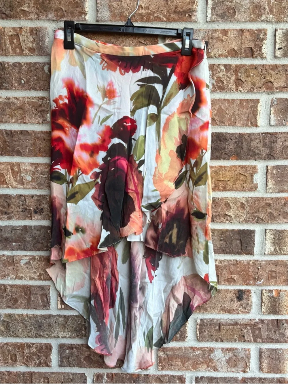 Haute Hippie Floral High-Low Silk Skirt in Red, Pink, Green, Cream, Brown